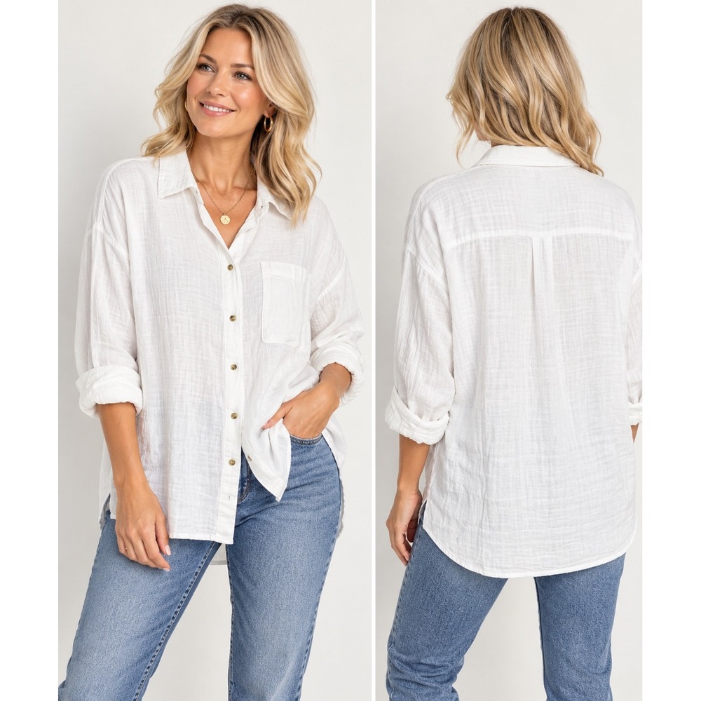 Old Navy NWT Crinkle Gauze Button Down Boyfriend Shirt Women Large White